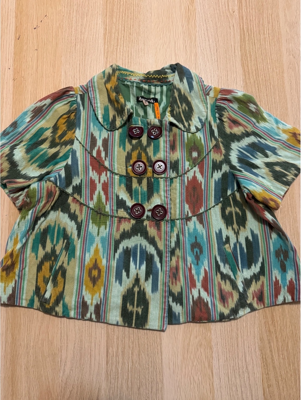 Anthropologie multicolor ikat print twee western cropped button front jacket